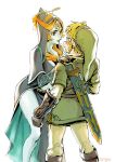  1boy 1girl blonde_hair blue_skin blush eye_contact front_ponytail hat height_difference hood link looking_at_another midna midna_(true) nintendo orange_eyes orange_hair pointy_ears scabbard sheath the_legend_of_zelda the_legend_of_zelda:_twilight_princess tsuyuga yellow_sclera 