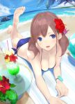  1girl :o ama_mitsuki ball bangs bare_arms bare_legs bare_shoulders barefoot beach beach_mat beachball bikini blue_bikini blue_eyes blue_flower blue_sky blush breasts brown_hair cherry cleavage clouds cocktail_glass collarbone cup day drinking_glass drinking_straw feet fisheye flower food foot_up fruit hair_flower hair_ornament hibiscus horizon leg_up long_hair looking_at_viewer lying medium_breasts ocean on_stomach open_mouth original outdoors palm_tree red_flower rock sand side-tie_bikini sidelocks sky solo swimsuit table thighs toes tree tropical_drink twitter_username water 