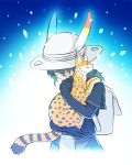  1girl animalization backpack bag black_gloves black_shirt closed_eyes commentary_request eyebrows_visible_through_hair gloves green_hair hat hat_feather hug inukoro_(spa) kaban_(kemono_friends) kemono_friends long_hair serval serval_(kemono_friends) shirt short_sleeves tears white_headwear 