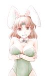  1girl animal_ears armpits bare_legs bare_shoulders blush bow bowtie breast_hold breast_press breasts brown_eyes brown_hair bunnysuit chiyoda_(kantai_collection) cleavage clenched_teeth collarbone covered_navel detached_collar eyebrows_visible_through_hair fake_animal_ears green_leotard headband highres kantai_collection leotard looking_at_viewer meihemu rabbit_ears short_hair simple_background solo strapless strapless_leotard teeth upper_body white_background wrist_cuffs 