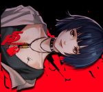  1girl bangs black_hair black_shirt brown_eyes choker collar collarbone commentary english_commentary jewelry labcoat logo looking_at_viewer lsr multicolored multicolored_background necklace persona persona_5 shirt short_hair sideways smile solo takemi_tae upper_body 
