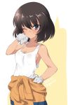  1girl alternate_eye_color bangs blue_eyes blush breasts brown_hair cleavage closed_mouth clothes_around_waist collarbone commentary_request cowboy_shot dark_skin dated eyebrows_visible_through_hair frown girls_und_panzer gloves hand_on_hip hand_on_own_face highres hoshino_(girls_und_panzer) jumpsuit kuzuryuu_kennosuke looking_at_viewer mechanic medium_breasts no_bra one_eye_closed orange_jumpsuit partial_commentary see-through shirt short_hair solo standing sweat tank_top twitter_username uniform white_gloves white_shirt yellow_background 