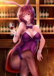  1girl absurdres animal_ears blush bottle bow bowtie breasts bunny_girl bunnysuit cleavage cup detached_collar donatsu_(donut007008) drinking_glass fate/grand_order fate_(series) fishnet_pantyhose fishnets head_tilt highres large_breasts legs_crossed long_hair looking_at_viewer pantyhose purple_hair purple_neckwear rabbit_ears scathach_(fate)_(all) scathach_(fate/grand_order) sitting solo very_long_hair violet_eyes wine_bottle wine_glass wrist_cuffs 