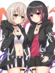 2girls :o aoba_moca aqua_eyes bang_dream! bangs black_choker black_jacket black_shorts blush bob_cut breasts choker cleavage clothes_writing commentary_request crop_top cross-laced_clothes earrings grey_hair highres hood hood_down hooded_jacket jacket jewelry long_sleeves looking_at_viewer midriff mitake_ran multicolored_hair multiple_girls navel o-ring paint_stains pendant red_shirt redhead ryakusun shirt short_hair short_shorts shorts smile streaked_hair striped striped_shorts thigh_strap v violet_eyes white_shirt