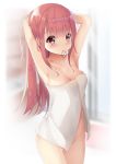 1girl armpits arms_up bangs bare_arms bare_shoulders blurry blurry_background blush breasts cleavage collarbone depth_of_field eyebrows_visible_through_hair groin hair_tie hair_tie_in_mouth highres kanz long_hair medium_breasts mouth_hold naked_towel original red_eyes redhead solo towel tying_hair very_long_hair 