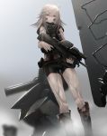  1girl android bare_legs body_writing boots facial_mark grey_hair groin gun hair_ornament hairpin handgun highres holding holding_weapon holstered_weapon looking_at_viewer medium_hair number original pistol red_eyes robot_joints savuxan scarf shorts silver_hair solo thigh_gap vest weapon 