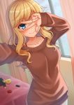  1girl :&gt; absurdres bed blonde_hair blue_eyes blush breasts brown_sweater collarbone commentary_request curtains eyebrows_visible_through_hair highres idolmaster idolmaster_cinderella_girls indoors kurisu-kun long_hair long_sleeves looking_at_viewer medium_breasts one_eye_covered ootsuki_yui smile solo standing sweater w window 
