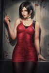  1girl ada_wong against_wall artist_name bangs bare_arms bare_shoulders black_bow black_choker black_hair black_legwear blood bow bracelet breasts brown_eyes choker closed_mouth collarbone commentary cowboy_shot dated dress highres holding jewelry lips looking_at_viewer medium_breasts pantyhose parted_bangs red_dress resident_evil sciamano240 short_hair signature sleeveless sleeveless_dress walkie-talkie wall watch watch 