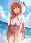  1girl alternate_costume bangs bare_shoulders beach blue_sky blush bottle breasts brown_hair cleavage clouds collarbone day eyebrows_visible_through_hair girls_frontline green_eyes hair_between_eyes hair_rings holding holding_bottle kubong large_breasts leaning_forward long_hair looking_at_viewer m1903_springfield_(girls_frontline) navel o-ring open_mouth outdoors ponytail sidelocks skindentation sky smile solo stomach thighs wet 