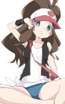  1girl baseball_cap blue_eyes blue_shorts brown_hair closed_mouth collarbone creatures_(company) game_freak hat ixy long_hair looking_at_viewer nintendo pokemon pokemon_(game) pokemon_bw shorts simple_background sitting sleeveless solo touko_(pokemon) wavy_mouth white_background 