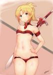  1girl =) artist_name bare_arms bare_shoulders blonde_hair blush bra braid breasts collarbone commentary deru06 english_commentary fate/grand_order fate_(series) green_eyes highres looking_at_viewer mordred_(fate) mordred_(fate)_(all) pixiv_fate/grand_order_contest_1 ponytail red_bra small_breasts solo standing sword underwear weapon 