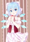  1girl alternate_costume blue_eyes blue_hair blush bow cherry_blossom_print cirno collarbone commentary corset flat_chest hair_bow happy heart ice ice_wings looking_at_viewer neck_ribbon nibosisuzu puffy_short_sleeves puffy_sleeves ribbon short_hair short_sleeves skirt smile solo touhou underbust valentine wind wings 