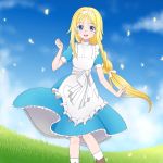  1girl alice_schuberg apron blonde_hair blue_dress blue_eyes blue_sky braid commentary_request day dress feet_out_of_frame grass hairband highres leaf long_hair looking_at_viewer outdoors piatin puffy_short_sleeves puffy_sleeves ribbon short_sleeves sky smile solo standing sword_art_online_alicization upper_teeth very_long_hair white_apron white_hairband 