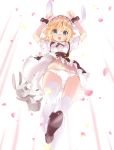  1girl :d animal animal_ears arms_up blonde_hair blue_eyes bow bow_panties center_frills commentary_request doku_momo eyebrows_visible_through_hair fleur_de_lapin_uniform floppy_ears frilled_cuffs frills from_below gochuumon_wa_usagi_desu_ka? headdress highres kirima_sharo looking_at_viewer looking_down navel open_mouth panties petals puffy_short_sleeves puffy_sleeves rabbit rabbit_ears short_hair short_sleeves smile solo thigh-highs underbust underwear upskirt wavy_hair white_legwear white_panties wild_geese wrist_cuffs 