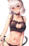  1girl ahoge animal_ear_fluff animal_ears bangs bell bell_choker black_panties blonde_hair blush bra breasts cat_cutout cat_ear_panties cat_ears cat_lingerie cat_tail choker cleavage cleavage_cutout cowboy_shot eyebrows_visible_through_hair fate/apocrypha fate/grand_order fate_(series) frilled_bra frills glint groin highres jeanne_d&#039;arc_(alter)_(fate) jeanne_d&#039;arc_(fate)_(all) jingle_bell large_breasts long_hair looking_at_viewer meme_attire motokonut navel panties short_hair side-tie_panties silver_hair simple_background solo stomach tail tsurime underwear underwear_only v-shaped_eyebrows white_background yellow_eyes 