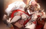  2girls armor armored_boots blonde_hair blush boots breastplate bridal_veil closed_eyes couch dress elbow_gloves fate/apocrypha fate/grand_order fate_(series) forehead_kiss frankenstein&#039;s_monster_(fate) gauntlets gloves greaves green_eyes hair_ornament hair_scrunchie horn kiss light mordred_(fate) mordred_(fate)_(all) multiple_girls no-kan open_mouth pauldrons pink_hair red_scrunchie scrunchie sitting veil wedding_dress white_dress white_gloves yuri 