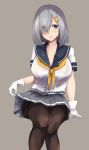  1girl absurdres black_legwear blue_eyes breasts cleavage collarbone gloves grey_background grey_skirt hair_ornament hair_over_one_eye hairclip hamakaze_(kantai_collection) highres invisible_chair kantai_collection large_breasts looking_at_viewer neckerchief open_clothes open_shirt panties panties_under_pantyhose pantyhose pleated_skirt school_uniform serafuku short_hair short_sleeves silver_hair simple_background sitting skirt skirt_lift solo underwear wasavi_8 white_gloves yellow_neckwear 