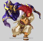  1boy animal_ears beard belt caineghis cape facial_hair fire_emblem fire_emblem:_akatsuki_no_megami fire_emblem_heroes full_body fur_trim grey_background kita_senri lion_ears long_hair male_focus nintendo official_art orange_eyes redhead solo teeth 