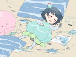  1girl aqua_dress aqua_footwear beige_background blue_hair blue_legwear blush bun_cover child child_drawing closed_eyes commentary_request crayon dress drooling face_painting hand_on_own_chest holding_crayon izumi_kirifu jellyfish_costume love_live! love_live!_sunshine!! lying on_back on_floor pantyhose paper shoe_removed short_hair sleeping solo stuffed_jellyfish tsushima_yoshiko younger 