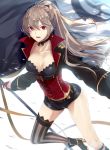  1girl :d azur_lane bangs belt black_shorts boots breasts brown_hair brown_legwear choker cleavage collarbone dabadhi earrings floating_hair gloves hair_between_eyes half_gloves high_heel_boots high_heels highres jean_bart_(azur_lane) jewelry long_hair long_sleeves looking_at_viewer medium_breasts open_mouth ponytail red_eyes red_gloves short_shorts shorts sidelocks single_thighhigh skull smile solo standard_bearer striped striped_legwear thigh-highs thighs vertical-striped_legwear vertical_stripes 