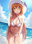  1girl alternate_costume bangs bare_shoulders beach blue_sky blush bottle breasts brown_hair cleavage clouds collarbone day eyebrows_visible_through_hair girls_frontline green_eyes hair_between_eyes hair_rings holding holding_bottle kubong large_breasts leaning_forward long_hair looking_at_viewer m1903_springfield_(girls_frontline) navel o-ring open_mouth outdoors ponytail revision sidelocks skindentation sky smile solo stomach thighs wet 