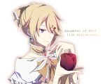  1girl aku_no_musume_(vocaloid) anniversary apple blonde_hair blue_eyes bow choker collarbone dress earring_removed evil_eyes evillious_nendaiki food frilled_dress frills fruit hair_bow highres holding holding_food holding_fruit kagamine_rin pale_skin red_apple riliane_lucifen_d&#039;autriche serious solo song_name tsurime updo vocaloid yellow_dress yuken_52 