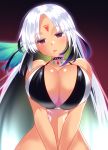  1girl azur_lane bangs bikini_top black_bikini_top blush bodypaint breast_squeeze breasts choker cleavage dark_skin eyebrows_visible_through_hair facial_mark forehead_mark gradient gradient_background hair_ribbon head_tilt komo_da large_breasts long_hair looking_at_viewer massachusetts_(azur_lane) native_american navel open_mouth parted_bangs purple_background red_eyes ribbon silver_hair solo straight_hair swimsuit upper_body 