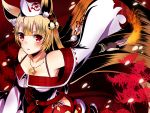  1girl animal_ears bangs bell black_gloves blonde_hair blunt_bangs bracelet breasts cleavage collarbone divine_gate fingerless_gloves fire floating_hair fox_ears fox_mask fox_tail getsuyoubi gloves hair_bell hair_ornament hakama holding japanese_clothes jewelry jingle_bell kimono long_hair looking_at_viewer mask mask_on_head medium_breasts necklace off_shoulder outstretched_arm red_eyes red_hakama ribbon ribbon-trimmed_sleeves ribbon_trim solo tail very_long_hair white_kimono white_ribbon 