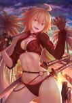  1girl ahoge bangs bikini black_bikini black_gloves black_jacket breasts choker cityscape cleavage clouds cowboy_shot eyebrows_visible_through_hair fate/grand_order fate_(series) gloves hair_between_eyes hand_up holding holding_sword holding_weapon jacket jeanne_d&#039;arc_(alter)_(fate) jeanne_d&#039;arc_(alter_swimsuit_berserker) jeanne_d&#039;arc_(fate)_(all) katana large_breasts light_particles long_hair looking_at_viewer multiple_swords o-ring o-ring_bikini outdoors palm_tree red_legwear sheath shrug_(clothing) silver_hair single_thighhigh solo sunset swimsuit sword take_tw01 thigh-highs tree very_long_hair weapon yellow_eyes 