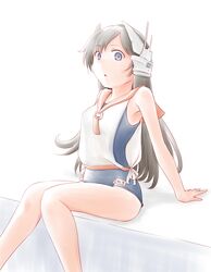  1girl :0 absurdres bare_legs black_hair blue_swimsuit blush breasts cowboy_shot eyebrows_visible_through_hair hair_between_eyes headgear highres i-400_(kantai_collection) kantai_collection long_hair looking_at_viewer meihemu open_mouth orange_sailor_collar sailor_collar school_swimsuit shadow shirt simple_background sitting sleeveless sleeveless_shirt small_breasts smile solo swimsuit tan violet_eyes wall white_background 