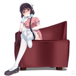  1girl absurdres bangs black_footwear black_hair blend_s blunt_bangs blush collared_shirt couch dress_shirt eyebrows_visible_through_hair from_below full_body gloves grin highres legs_crossed long_hair looking_at_viewer low_twintails miniskirt pink_shirt pink_skirt pleated_skirt sainohikari sakuranomiya_maika shirt short_sleeves signature simple_background sitting skirt smile solo thigh-highs twintails very_long_hair violet_eyes white_background white_gloves white_legwear wing_collar zettai_ryouiki 