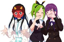  22/7 3girls :d ^_^ aqua_necktie aqua_skirt belt belt_buckle black_belt black_hair black_jacket black_shirt blue_hair bow_hairband buckle buttons cardigan closed_eyes collared_shirt cowboy_shot crescent crescent_hair_ornament double-breasted green_hair hair_ornament hairband half_updo hand_to_own_mouth high_ponytail highres ichinose_hotaru igashiko jacket kiryu_touko long_hair long_sleeves mask multicolored_hair multiple_girls necktie nishiura_sora oni_mask open_cardigan open_clothes open_mouth ponytail purple_hair school_uniform shirt shirt_under_shirt simple_background skirt smile standing two-tone_hair two-tone_hairband white_background white_cardigan white_shirt white_skirt 