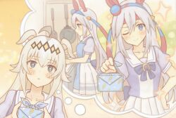  2girls ahoge animal_ears apron blue_apron blush_stickers collarbone cooking dot_nose flustered frying_pan grey_hair hair_between_eyes hair_ornament hairband highres holding_bento horse_ears horse_girl long_hair multiple_girls oguri_cap_(umamusume) one_eye_closed parted_lips school_uniform sparkle sparkling_eyes spatula speech_bubble sweatdrop taa_in1 tamamo_cross_(umamusume) thinking thought_bubble tiara tracen_school_uniform twintails umamusume wrapped_bento yellow_background 