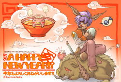  1boy 2007 :p boar brown_pants brown_shoes brown_wings chinese_zodiac closed_mouth club_(weapon) coat commentary_request copyright_name demon_wings fake_wings food full_body happy_new_year head_bump head_wings high_priest_(ragnarok_online) kamaboko long_sleeves looking_at_viewer male_focus meandros multicolored_coat musical_note narutomaki orange_background orange_coat orange_eyes pants pointy_ears purple_hair ragnarok_online savage_(ragnarok_online) shoes short_hair sitting smile solo spiked_club spoken_musical_note susukinohukurou tongue tongue_out translation_request two-tone_coat weapon white_coat wings year_of_the_pig 