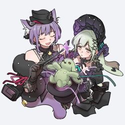  2girls animal_ears arknights artist_request bang_dream! bang_dream!_it&#039;s_mygo!!!!! black_bonnet black_dress black_gloves bonnet cat_ears cat_girl cat_tail chinese_commentary commentary_request commission dress fang floppy_ears from_hat_trick gloves gothic_lolita green_hair hair_ornament highres lolita_fashion long_hair long_sleeves magic_trick magician magician&#039;s_wand multiple_girls purple_hair rabbit_ears rabbit_girl second-party_source short_hair sidelocks stuffed_animal stuffed_rabbit stuffed_toy tail wakaba_mutsumi wakaba_mutsumi_(marionette&#039;s_id) x_hair_ornament yellow_eyes yuutenji_nyamu yuutenji_nyamu_(magician_of_passion) 