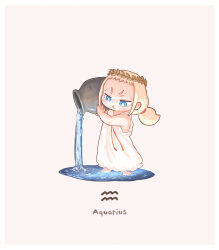  1girl :&lt; aquarius_(symbol) aquarius_(zodiac) bare_arms bare_shoulders barefoot blonde_hair blue_eyes brown_background chibi closed_mouth dress highres holding kozato_(yu_kozato) laurel_crown little_blonde_girl_(kozato) original pouring shallow_water short_eyebrows simple_background sleeveless sleeveless_dress solo standing thick_eyebrows twintails v-shaped_eyebrows water white_dress zodiac 