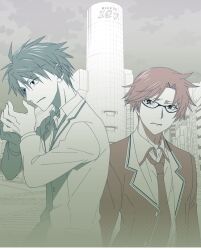  2boys chaos;child chaos;head glasses hekiho_academy_school_uniform ikuhashi_muiko long_sleeves male_focus miyashiro_takuru multiple_boys necktie nishijou_takumi school_uniform science_adventure shibuya_(tokyo) shibuya_109 short_hair standing suimei_academy_school_uniform tokyo_(city) 