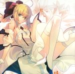  absurdres ahoge bare_shoulders blonde_hair bow breasts cleavage detached_sleeves dress fate/stay_night fate/unlimited_codes fate_(series) flower green_eyes hair_bow hair_ribbon highres lily_(flower) looking_at_viewer parted_lips petals ponytail ribbon saber saber_lily solo takeuchi_takashi thigh-highs thighhighs thighs white_legwear wing_collar 
