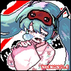  1girl aqua_hair artist_name black_border border closed_eyes commentary_request hair_between_eyes hatsune_miku long_hair nicmangle nose_bubble pajamas paradise_meisekimu_(vocaloid) pink_pajamas pixel_art portuguese_commentary saliva sleep_mask solo twintails vocaloid 