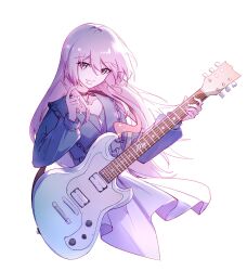  1girl bang_dream! bang_dream!_it's_mygo!!!!! black_choker blue_jacket chihaya_anon choker collarbone electric_guitar grey_eyes guitar guitar_strap hair_between_eyes hibioes highres holding holding_guitar holding_instrument instrument jacket jewelry long_hair long_sleeves mouth_hold necklace pink_hair plectrum plectrum_in_mouth simple_background skirt solo white_background white_skirt 