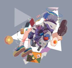  1girl backpack bag bandaid bandaid_on_knee bandaid_on_leg black_hat blue_halo blue_shoes blue_shorts bread bread_slice candy cellphone commentary_request egg_(food) food from_behind full_body grey_background grey_hair grey_socks halo hat highres hood hood_down hoodie juice_box long_sleeves mochimura_sorata notebook original outline pen phone shoes short_hair shorts signature smartphone sneakers socks solo toast unworn_hat unworn_headwear white_hoodie white_outline wrapped_candy 