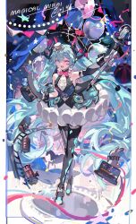  1girl absurdres aqua_eyes aqua_hair asymmetrical_legwear balloon bow bowtie confetti dress frills gloves hat hatsune_miku highres holding holding_wand long_hair magical_mirai_miku magician mento mini_hat mini_top_hat mismatched_legwear neck_ruff one_eye_closed open_mouth rabbit smile solo thigh-highs top_hat twintails very_long_hair vocaloid wand white_gloves 