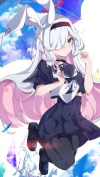  1girl absurdres black_choker black_eyes black_hairband black_pantyhose black_sailor_collar black_serafuku black_shirt black_shoes black_skirt blue_archive blue_umbrella blush braid choker closed_mouth clover_dot_(clov_erd) colored_inner_hair commentary full_body hair_over_one_eye hairband halo hands_up highres holding holding_umbrella long_hair looking_at_viewer multicolored_hair neckerchief pantyhose plana_(blue_archive) pleated_skirt red_halo sailor_collar school_uniform serafuku shirt shoes short_sleeves single_braid skirt solo umbrella water white_hair white_neckerchief 