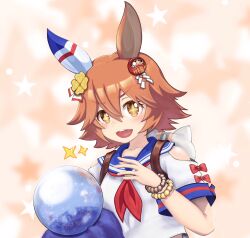  +_+ 1girl :d animal_ears blue_sailor_collar bow breasts brown_background brown_eyes brown_hair clothing_cutout collarbone commentary_request crystal_ball daruma_doll flower hair_flower hair_ornament highres horse_ears looking_at_viewer maneki-neko matikanefukukitaru_(rising_fortune)_(umamusume) matikanefukukitaru_(umamusume) neckerchief red_bow red_neckerchief sailor_collar shide shirt short_sleeves shoulder_cutout small_breasts smile solo star_(symbol) tomimon umamusume upper_body v-shaped_eyebrows white_shirt yellow_flower 