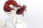  aozaki_touko cigarette floating_hair glasses hair_over_one_eye highres kara_no_kyoukai red_hair shirt smoking type-moon type_moon white white_shirt wind 