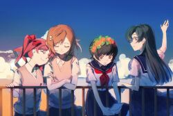  4girls :3 against_railing black_hair blue_sailor_collar blue_skirt blue_sky bow brown_eyes brown_hair brown_sweater_vest closed_eyes collared_shirt commentary crossed_arms flower_hairband grey_skirt hair_bow hair_ornament hairpin highres holding holding_phone long_hair miniskirt misaka_mikoto multiple_girls neckerchief no_emblem outdoors phone pleated_skirt railing red_bow red_neckerchief sailor_collar sakugawa_school_uniform saten_ruiko school_uniform serafuku shirai_kuroko shirt short_hair short_sleeves skirt sky smile summer_uniform sweater_vest toaru_kagaku_no_railgun toaru_majutsu_no_index tokiwadai_school_uniform twintails uiharu_kazari v-neck waving weyiyuntfn white_shirt 