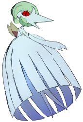  bob_cut colored_skin dress e_eee_g elbow_gloves gardevoir gloves green_hair highres mega_gardevoir mega_pokemon pokemon pokemon_(creature) red_eyes simple_background white_background white_dress white_gloves white_skin 