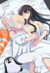  2girls black_hair blonde_hair blush chai_haru closed_eyes commentary_request frilled_shirt frills highres inoue_takina long_hair lycoris_recoil lying multiple_girls nishikigi_chisato off-shoulder_shirt off_shoulder on_bed open_mouth pajamas pillow shirt short_hair sleeping stuffed_animal stuffed_penguin stuffed_toy yellow_shirt yuri 