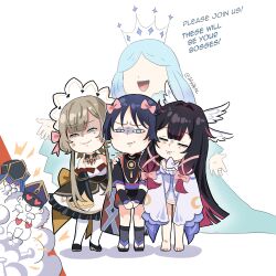  1boy 3girls absurdres angel anger_vein annoyed aqua_dress armor arms_at_sides barefoot black_bodysuit black_collar black_hair black_kimono black_sandals black_shoes black_shorts black_sleeves blue_eyes blue_hair blunt_bangs bodysuit bow brown_bow brown_hair closed_mouth collar columbina_(genshin_impact) crescent_print crown detached_collar detached_sleeves double-parted_bangs dress electrohammer_vanguard_(genshin_impact) empty_eyes english_text faceless faceless_female false_smile feathered_wings frilled_dress frilled_sleeves frills gem genshin_impact girl_sandwich gold gradient_hair hair_bow hair_intakes hair_ribbon hand_on_another&#039;s_shoulder harem head_wings heads_together heart heart-shaped_eyes highres japanese_armor japanese_clothes jewelry juban julydelic kimono kote kurokote large_bow layered_sleeves long_hair long_sideburns middle_ring multicolored_hair multiple_girls multiple_wings neck_ring necktie off-shoulder_dress off_shoulder open_hand open_mouth pantyhose pink_bow pink_hair pink_ribbon purple_dress purple_sash purple_sleeves red_gemstone red_kimono red_sash ribbon sandals sandrone_(genshin_impact) sandwiched sash scaramouche_(genshin_impact) shoes short_hair short_hair_with_long_locks short_sleeves shorts sideburns sleeves_past_fingers sleeves_past_wrists smile squinting standing streaked_hair swept_bangs toeless_legwear toes tongue tress_ribbon tsaritsa_(genshin_impact) twitter_username very_long_hair white_background white_dress white_headdress white_kimono white_necktie white_pantyhose white_wings wide_sleeves wings yellow_sleeves yellow_trim zouri 