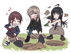  3girls ^_^ ahoge anger_vein awa_subaru black_boots black_hair black_pantyhose black_socks black_sweater blue_jacket boots brown_hair brown_shoes brown_skirt bullfalk classroom closed_eyes commentary_request digging dirt girls_band_cry grey_hair hair_ribbon highres hole iseri_nina jacket kawaragi_momoka long_hair long_sleeves low_twintails multiple_girls musical_note open_mouth pantyhose pantyhose_under_shorts plaid_clothes plaid_skirt red_skirt ribbon shirt shoes short_hair short_twintails shorts shovel sidelocks skirt sleeveless sleeveless_shirt socks sweater twintails white_shirt 